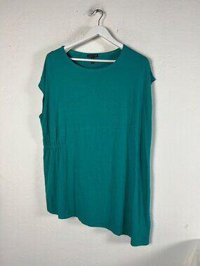 Eileen Fisher Women's Turquoise Asymmetrical Jersey Top XL Stretch Cap Sleeve